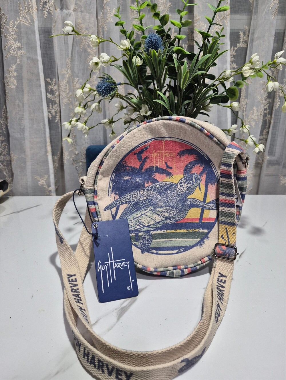 Guy Harvey Canvas Crossbody Bag - Blue, Yellow, Pink